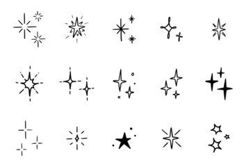 Line star glitter shine of doodle set. Star shine glow, spark glitter, sparkle light vector illustration. Hand drawn sketch doodle style.
