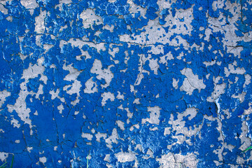 Concrete wall texture painted in blue. Cracked paint.