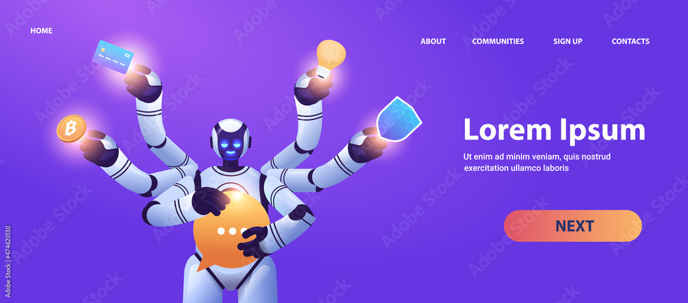 Poster modern robot with many hands multitasking robotic character artificial intelligence concept portrait