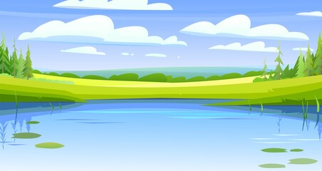 Fototapeta na wymiar Rural landscape. Water pond or river bank with water lily leaves. Horizontal village nature illustration. Cute country hills. Flat style. Vector