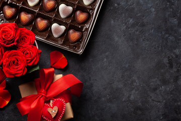 Valentines day gift box, roses and heart candy
