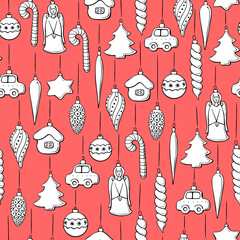 Vector seamless pattern with Hanging outline toys, balls, decorations for xmas tree. Christmas and New Year backgrounds and textures