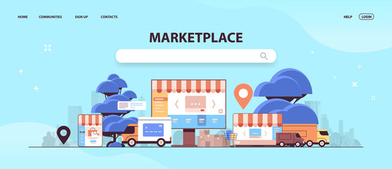 online e-commerce marketplace e-shop application on monitor screen internet platform for goods wholesale horizontal copy space vector illustration - obrazy, fototapety, plakaty