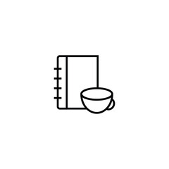 Modern outline signs suitable for internet pages, applications, stores etc. Editable strokes. Line icon of cup of tea next to book or diary with blank cover