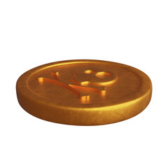 Golden Coin with Pirate Sign as Skull and Bones. 3D Illustration. Isolated on White Background.