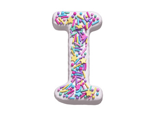 Сake with colorful candy font. White cream. Letter I