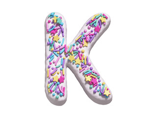 Сake with colorful candy font. White cream. Letter K