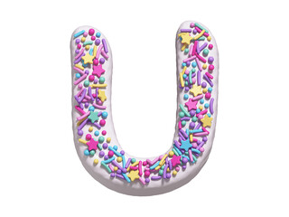 Сake with colorful candy font. White cream. Letter U