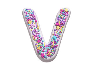 Сake with colorful candy font. White cream. Letter V