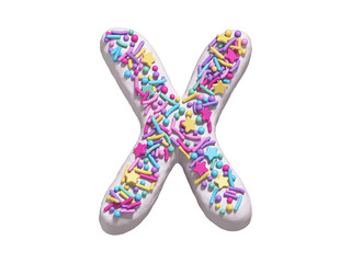 Сake with colorful candy font. White cream. Letter X