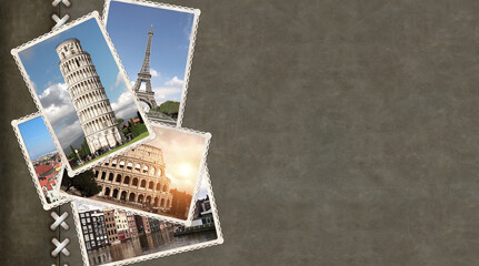 Obraz premium Vintage travel background with retro photos of european landmarks on leather photo album cover