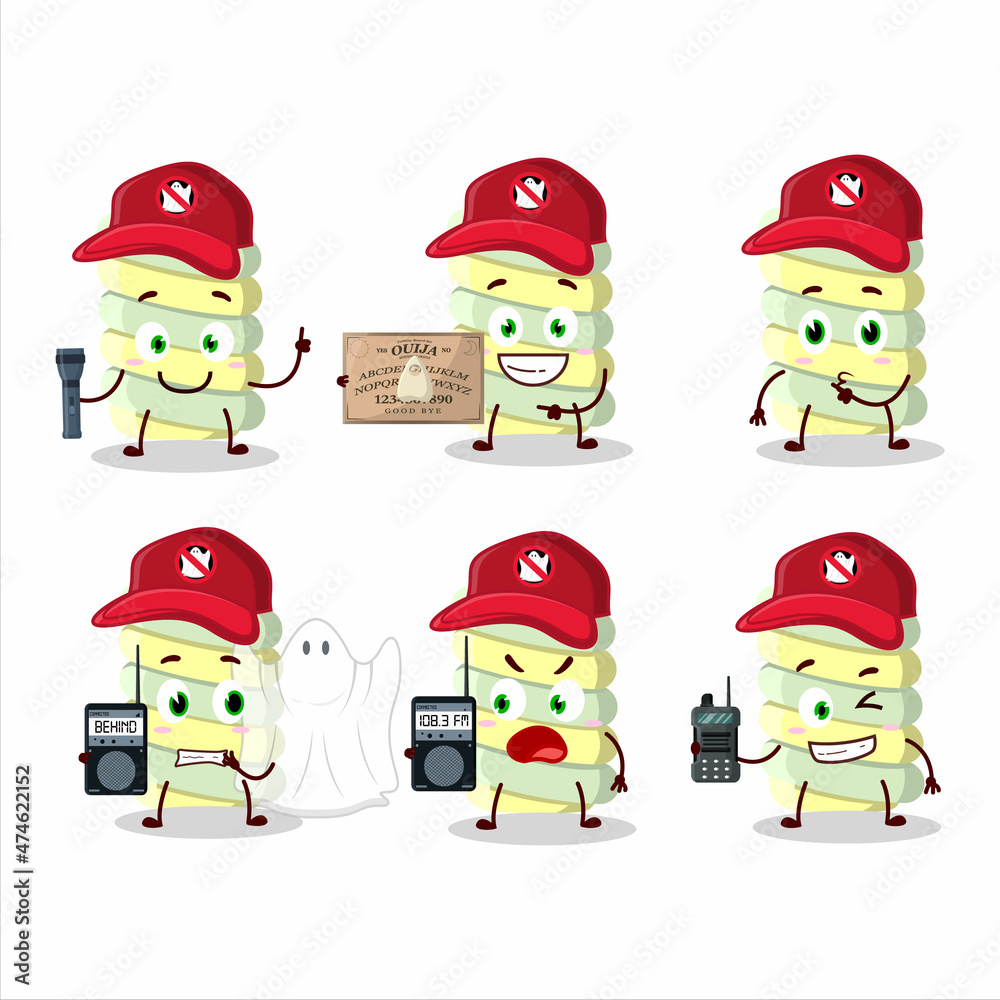 Poster Ghost hunter cartoon yellow marshmallow twist character using camera