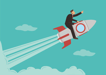 Businessman sitting on rocket ship flying through clouds.