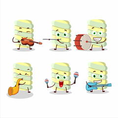 Cartoon character of yellow marshmallow twist playing some musical instruments