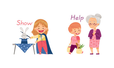 Show and Help English action verbs for kids education set. Children doing daily routine activities vector illustration