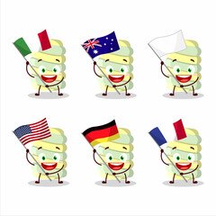 Yellow marshmallow twist cartoon character bring the flags of various countries