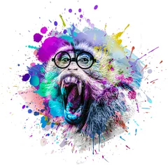 Poster colorful artistic monkey muzzle in eyeglasses with colorful paint splatters on white background. © reznik_val