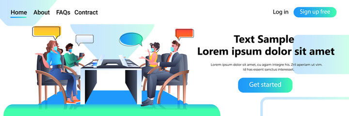 mix race businesspeople team in masks discussing during meeting chat bubble communication brainstorming