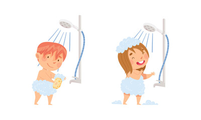 Children doing everyday hygiene activities in bathroom set. Cute little boy and girl taking shower vector illustration