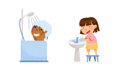 Children doing everyday hygiene activities in bathroom set. Happy little boy bathing in bathtub, girl washing her hands vector illustration