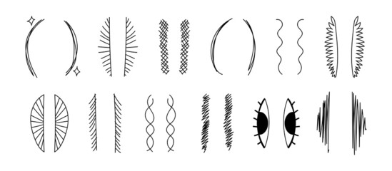 Doodle brackets. Various sketching brackets. Hand drawn scribble parenthesis. Vector illustration of wavy, crossed out, hatched brackets isolated on white background.