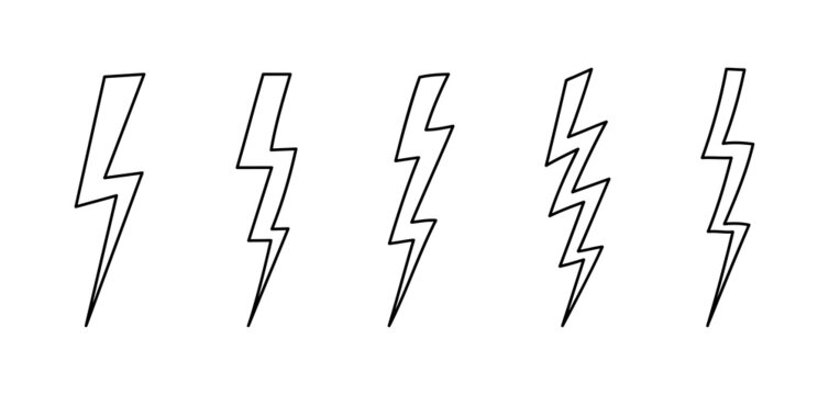 Set of line drawn lightning bolts. A sketch of thunderous lightning of different shapes. Thunder flash outline vector illustration isolated on white background.