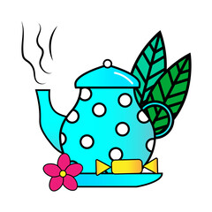 Cute teapot. Blue dotted icon. Cartoon style. Relax time. Creative art. Hand design. Vector illustration. Stock image. 