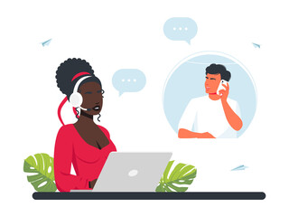 Man calls the call center. Customer service. Man with headphones, microphone with laptop. Concept illustration for support, call center. hotline operators consult customers with headsets on computers
