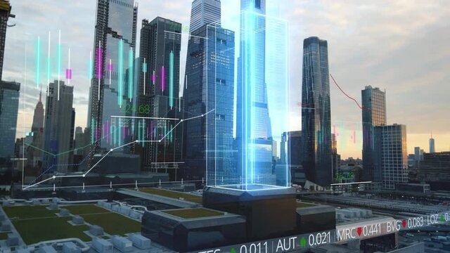 Stock market charts and financial data on New York city background - 3d VFX render