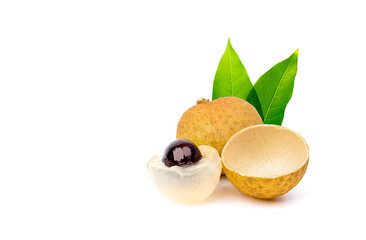 Fresh longan peeled with leaves isolated on white background.