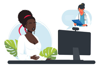 African woman receives online doctor consultation at home. Doctor recommends medications via video link. Live chat. Patient meets with an online doctor via the laptop application. Vector illustration