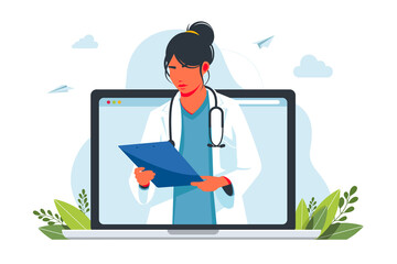 online doctor consultation from laptop. Online consultation of a family doctor. Remote medical care. Vector illustration. Telemedicine. Healthcare services, Ask a doctor.