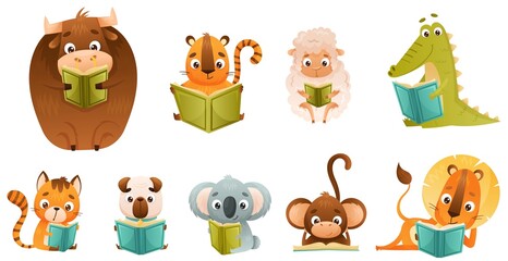 Obraz na płótnie Canvas Cute baby animals reading books set. Smart lion, sheep, monkey, cat, dog, chipmunk, bull sitting and studying with book cartoon vector illustration