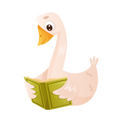 Cute gosling reading book. Smart baby bird sitting and studying with book cartoon vector illustration