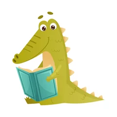 Fototapeten Cute crocodile reading book. Smart baby animal sitting and studying with book cartoon vector illustration © Happypictures