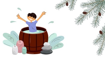 Template of happy boy taking spa treatments in hot tub or wooden barrel. Spa sauna pleasures, joyful well-being. Postcard, poster, banner with fir branches, free space. Isolated flat cartoon vector