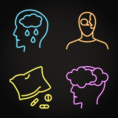 Neon mental disorders icon set in line style