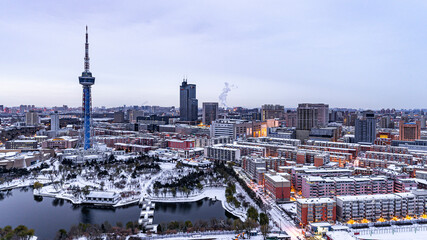 Early morning snow in the city-winter scenery in the urban area of Changchun, China