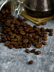 coffee beans close up on gray background 