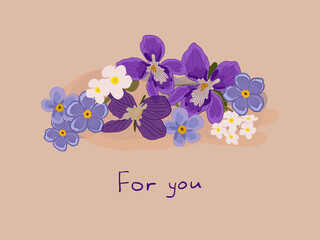 Greeting card with beautiful purple orchid flowers and forget-me-nots. The inscription "for you".