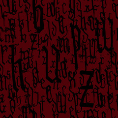 Pattern seamless Gothic style alphabet calligraphy, lettering. Ink stains, wine. European Medieval latin letters. Vector background
