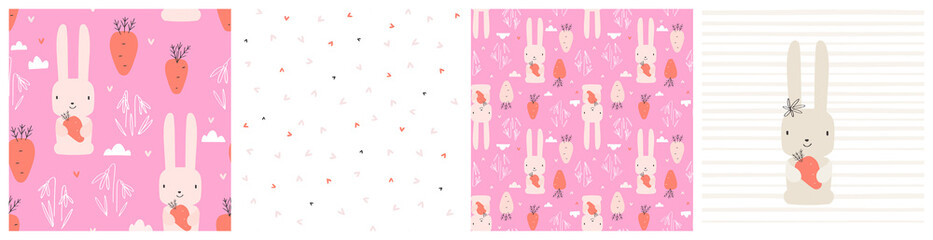 Baby girl bunny vector image, pink and orange seamless pattern set. Hand drawn background for clothing or bedding textile print. Cute graphic collection for kids to decorate spring holiday.