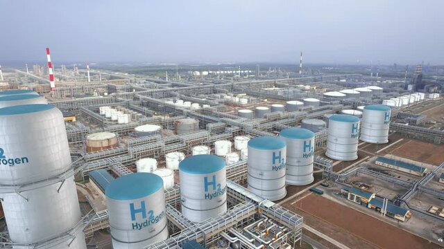 Hydrogen renewable energy production factory plant. H2 hydrogen gas for clean electricity carbon free energy.