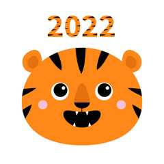 2022. Tiger roaring yawing face icon. Happy New Year. Open mouth fang. Cute cartoon kawaii funny baby animal character. Childish print. Jungle cat roar. Flat design. White background