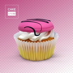 Cake basket with cream and macaroon on a transparent background. Realistic vector food illustration