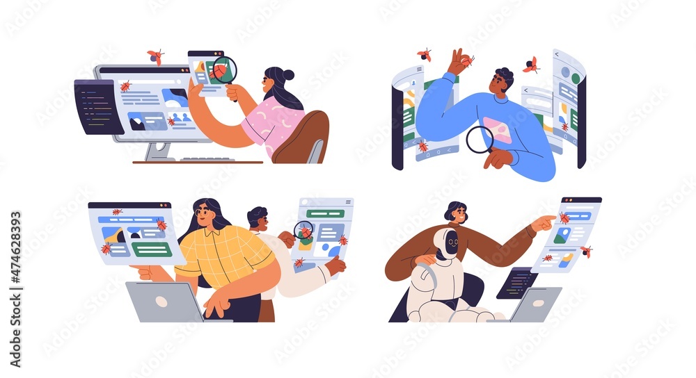 Aufkleber Software testing concept. Apps and programs testers set searching, finding and reporting bugs and errors. Analysis and debugging process. Flat graphic vector illustrations isolated on white background