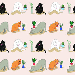 Fototapeta premium Cats in different poses. Pets. Four cats and flower pots. Vector pattern cute totiki. For print.