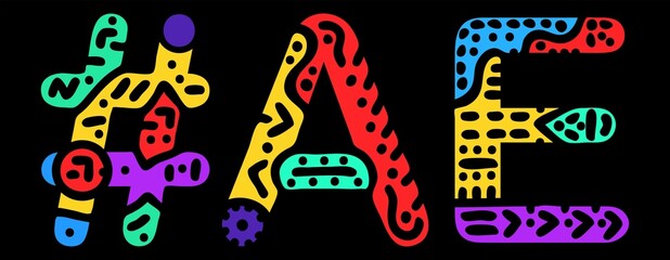 AE Hashtag. Multicolored bright isolate curves doodle letters. Trendy popular Hashtag #AE for social network, web resources, mobile apps. Stock vector.