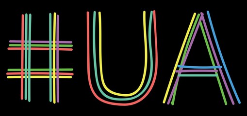 UA Hashtag. Multicolored bright isolate curves doodle letters. Hashtag #UA is abbreviation for the Ukraine for social network, web resources, mobile apps.