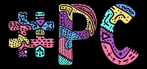 PC Hashtag. Multicolored bright isolate curves doodle letters with ornament. Popular Hashtag #PC for computer, social network, web resources, mobile apps.